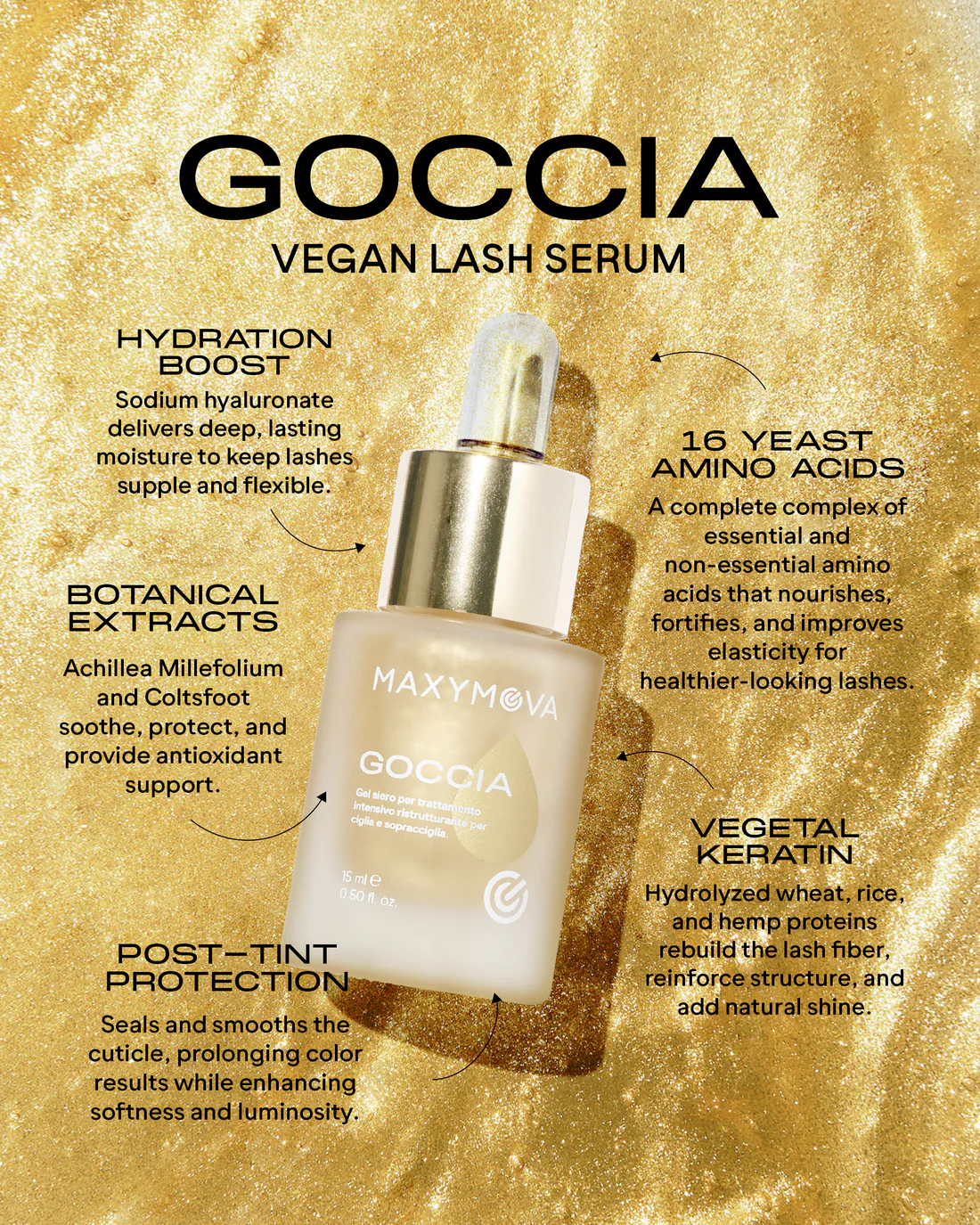 MAXYMOVA GOCCIA 15ml – Sérum vegano para pestañas – Tratamiento reestructurante e hidratante post-tinte