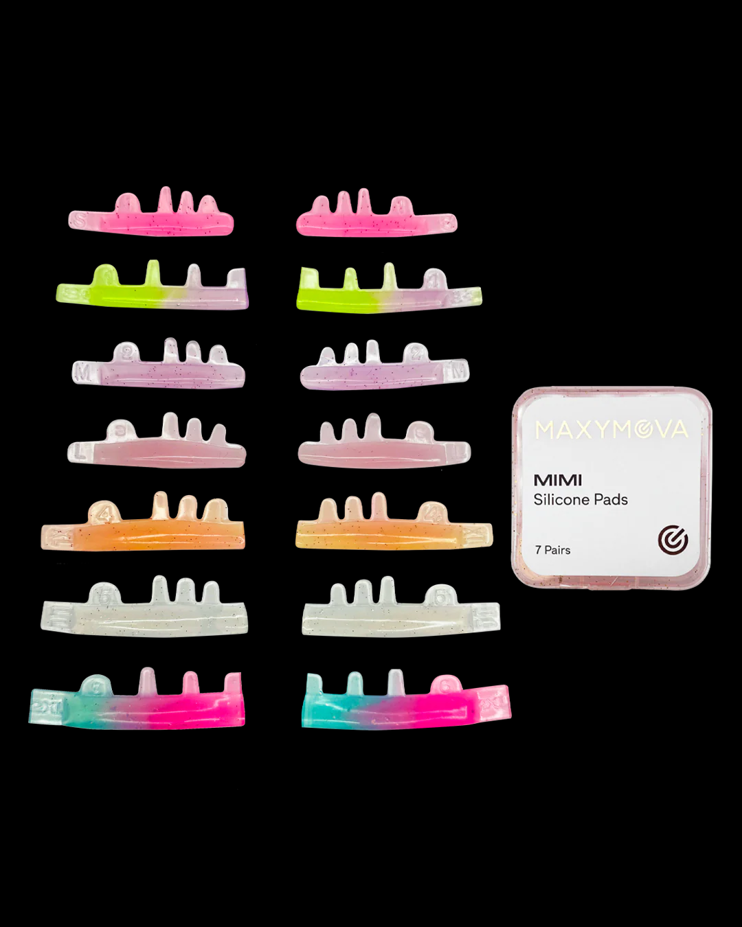Moldes de silicona NOT GLUE para lifting de pestañas MAXYMOVA MIMI - 7 pares (S, S+, M, L, XL, LL, 2XL) - Tipo híbrido con rizo en C para un rizo perfecto